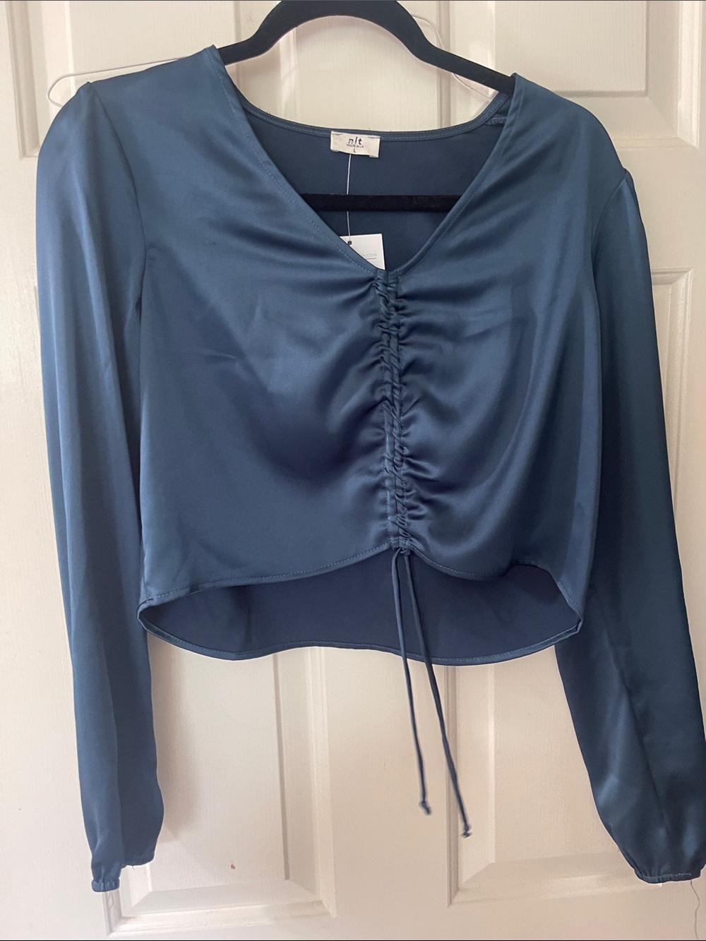 Nu Collective Slate Blue Satin Ruched Long-Sleeve Crop Top